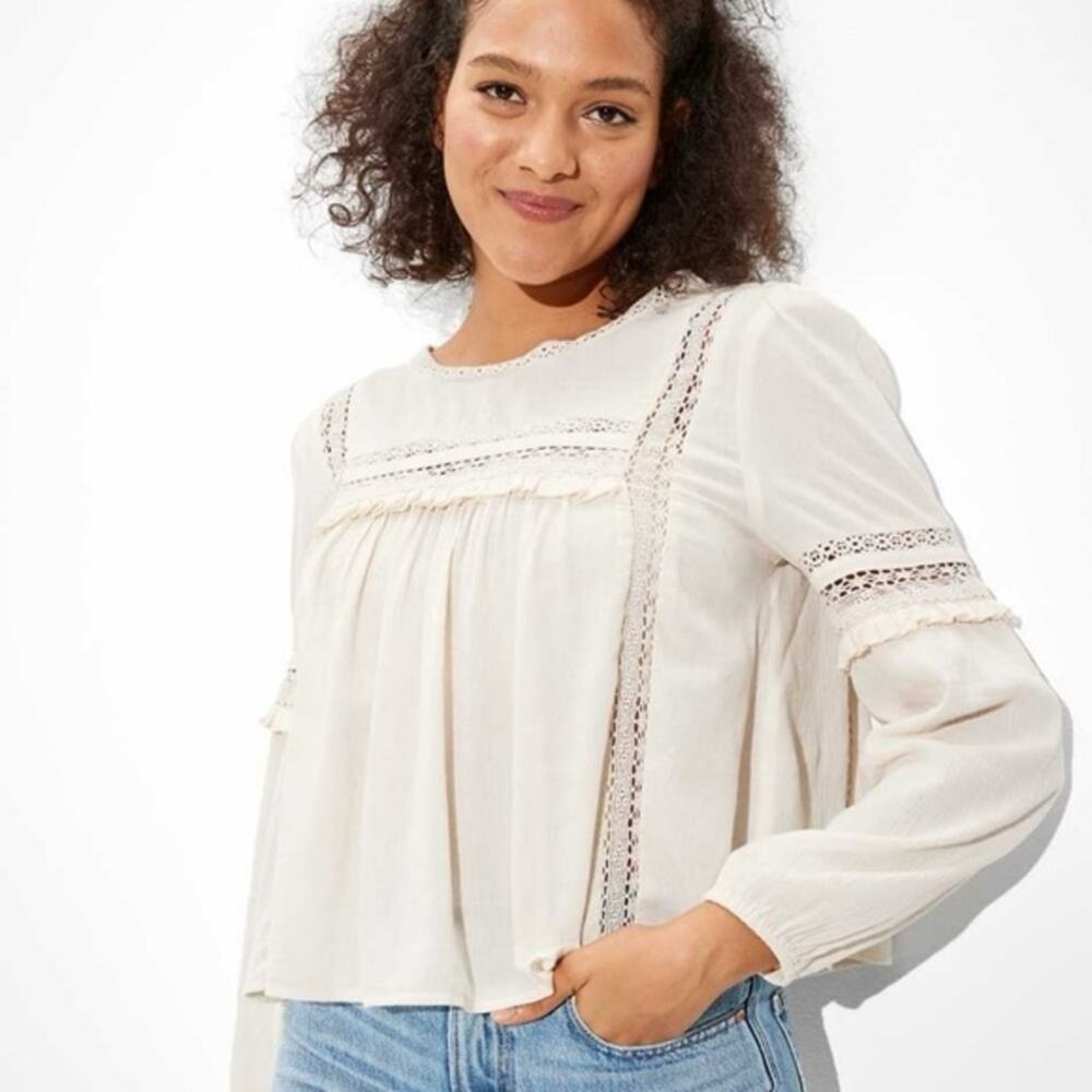 NWT American Eagle Outfitters Boho Babydoll Lightweight Blouse Keyhole Cream Med